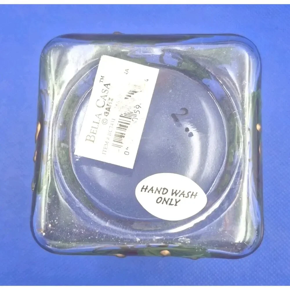 GANZ Bella Casa Handpainted Square Glass Candle Holder Holly Berries 2.5